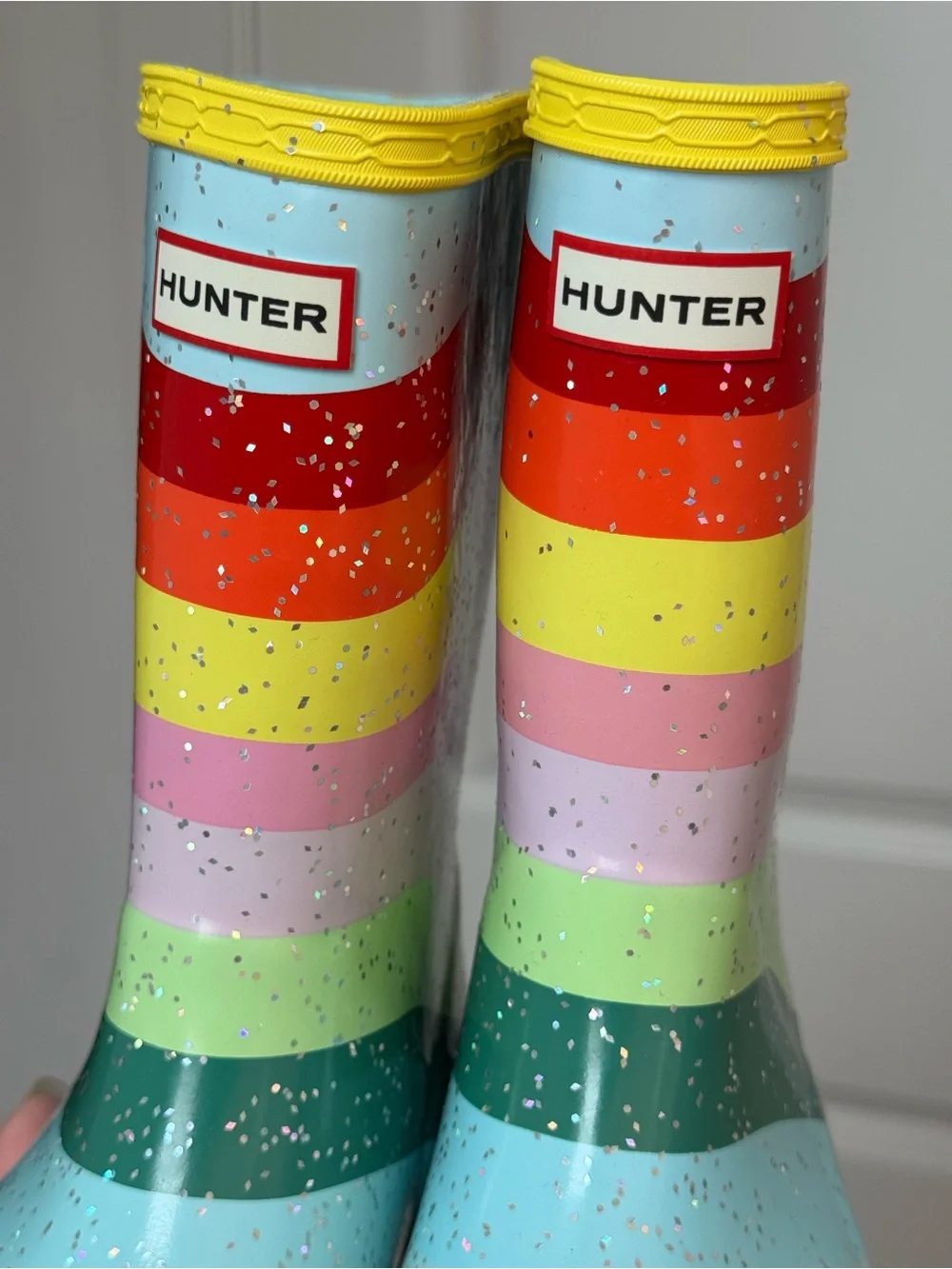 Hunter Kids Light Blue Rainbow Stripe Rain Boots with Yellow Trim